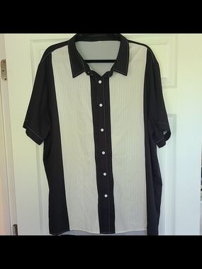 Black/White Striped Short Sleeve Button-Up Point Collar Bowling Shirt Men’s 2XL